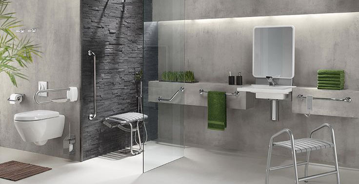 Conception d’un salon sur mesure par un architecte d’intérieur à Lyon. Salle de bain avec douche italienne adaptée pour les personnes handicapées, les personnes à mobilité réduite et les personnes âgées