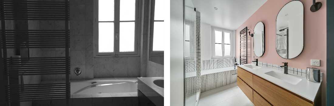 Avant - Après : Redistribution d'un appartement de 100 m² - salle d'eau avec baignoire
