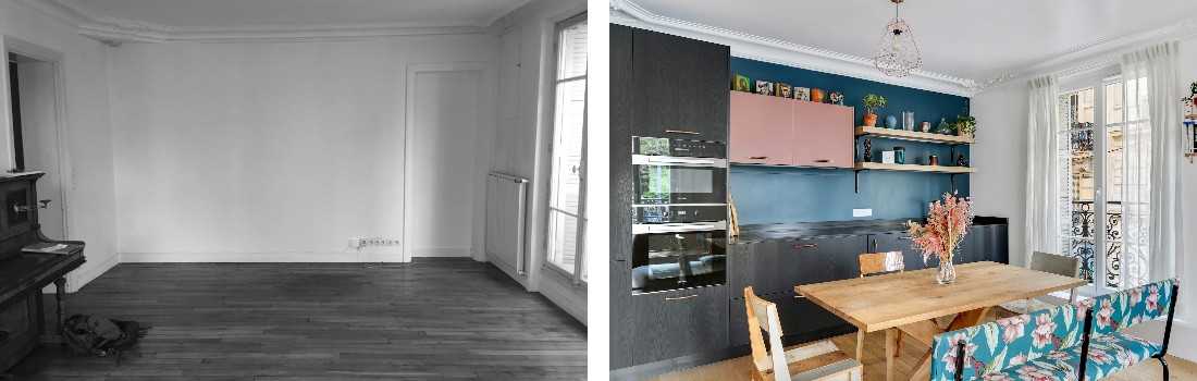 Avant - Après : Redistribution d'un appartement de 100 m² -  la cuisine dans le séjour