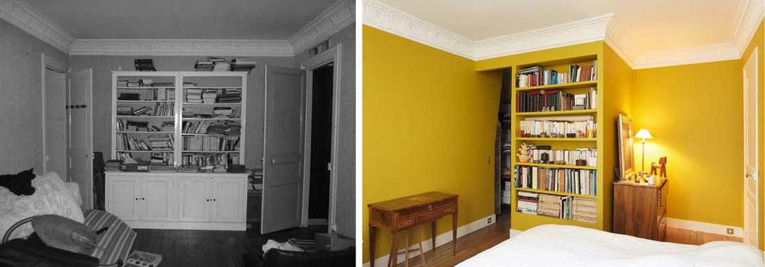 Avant - aprés salon d'un appartement aprés renovation par un architecte d'intérieur à Lyon