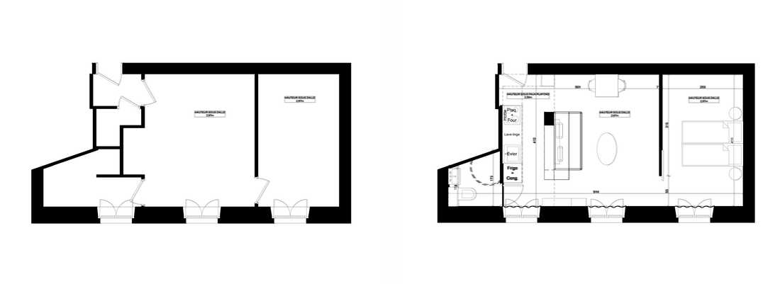 Plan avant-après des travaux de rénovation d'un appartement 2 pièces de 32m2