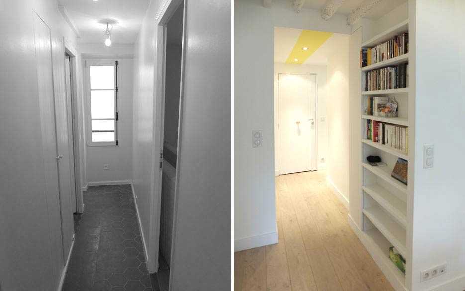 Un décorateur d’intérieur aménage une bibliothèque dans un appartement en Auvergne-Rhône-Alpes.